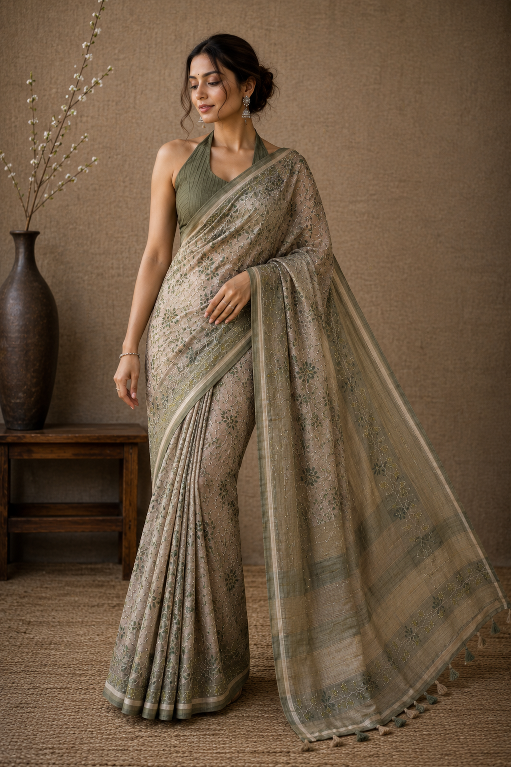 Green Kantha work Semi Tussar Saree - Vaidehi Sutra