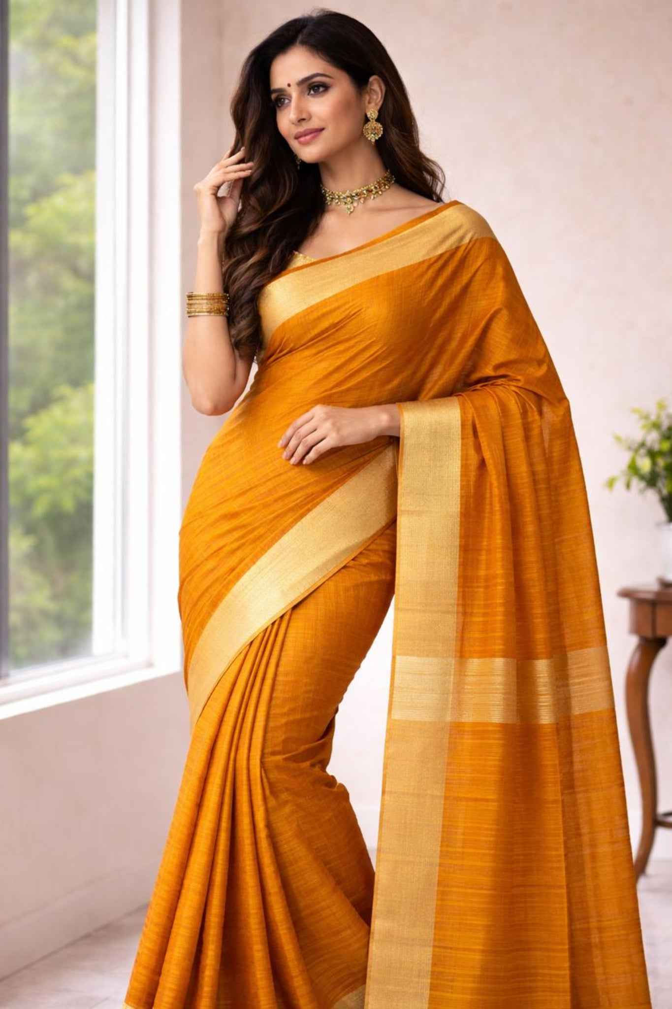 Yellow Pure Tussar Silk Saree