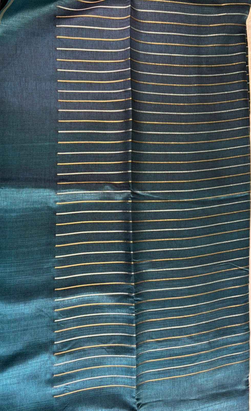 Teal Gold Lines Semi Tussar silk