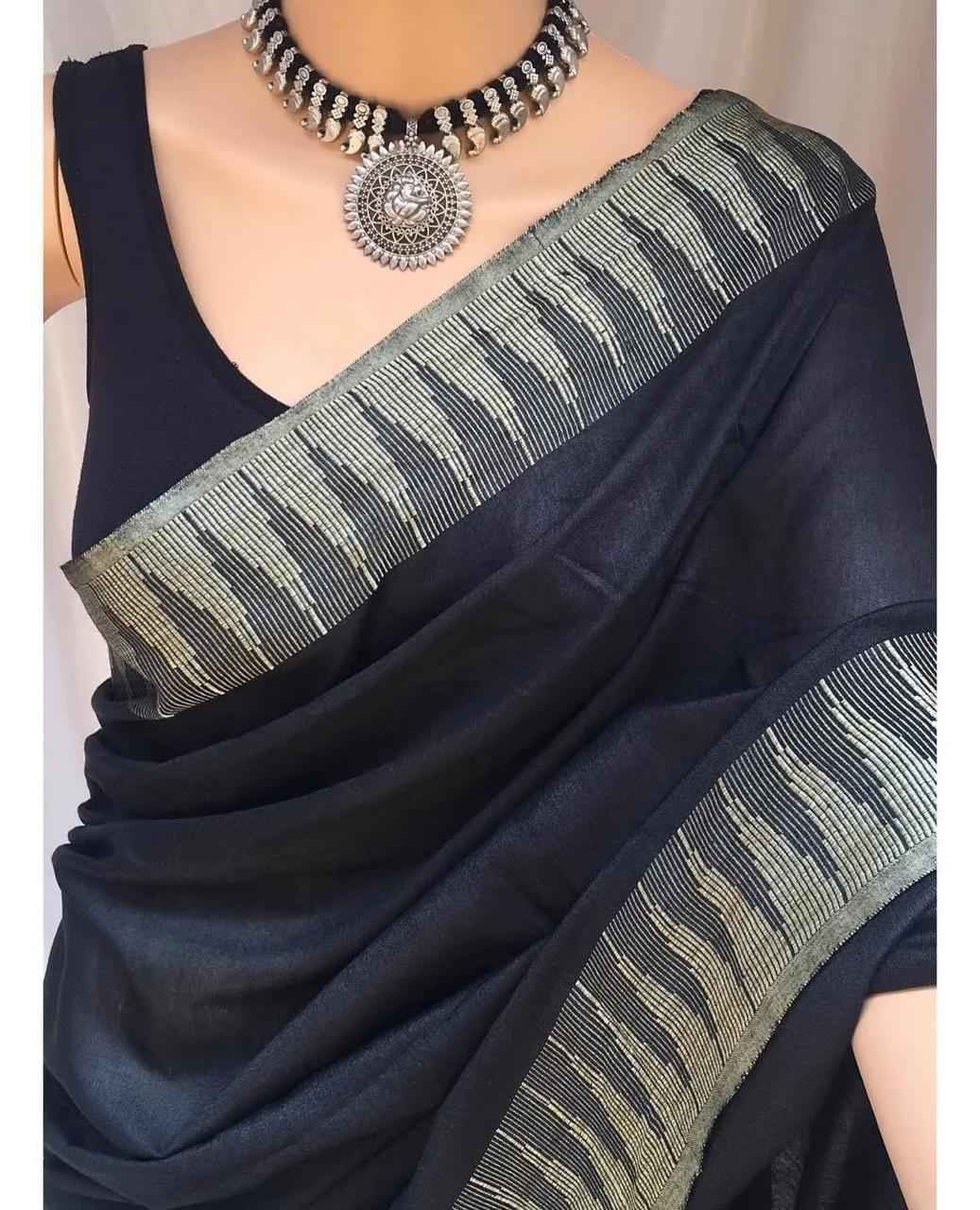 Black Temple Kataan Silk Saree