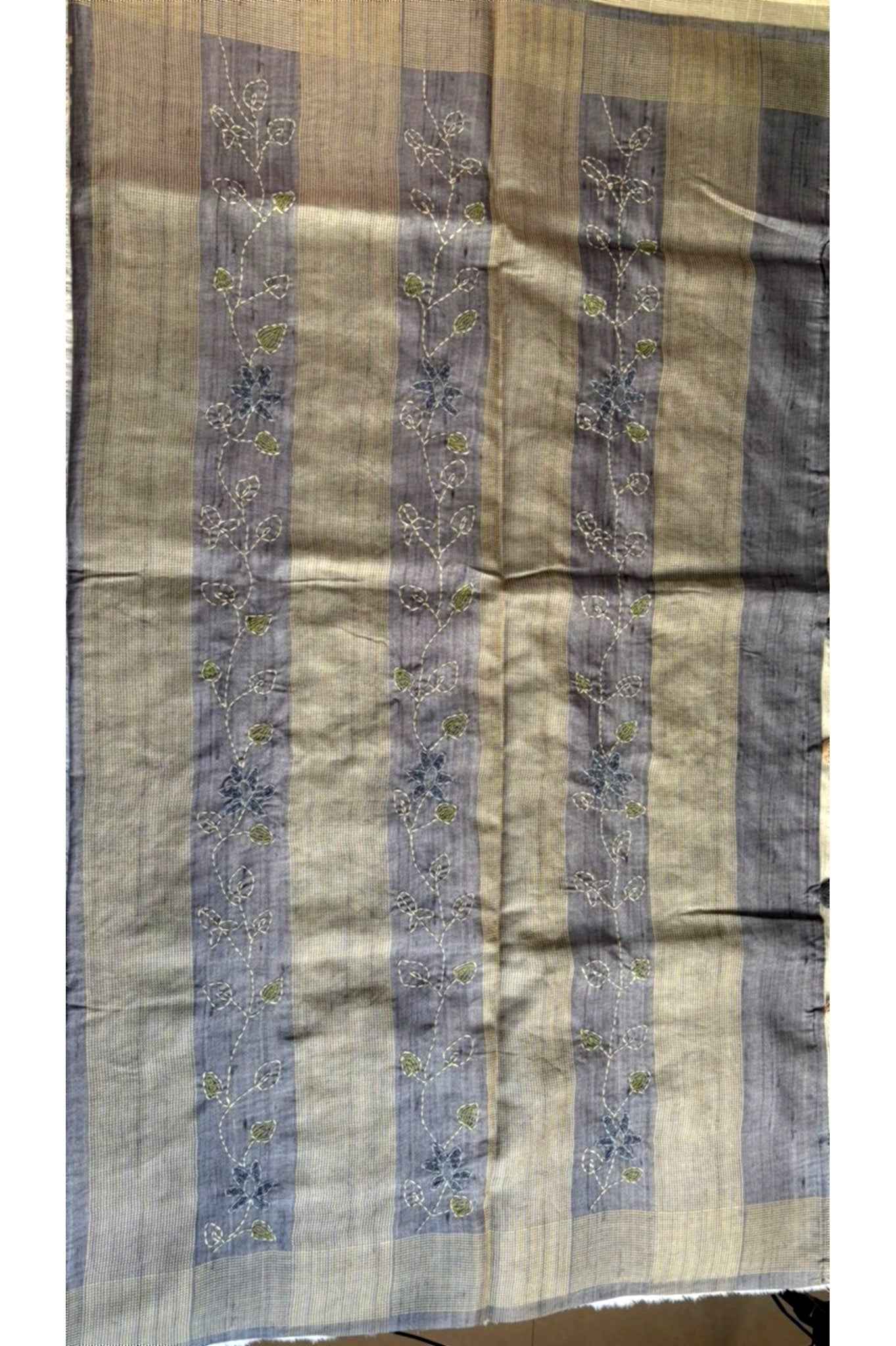 Grey Kantha work Semi Tussar Saree