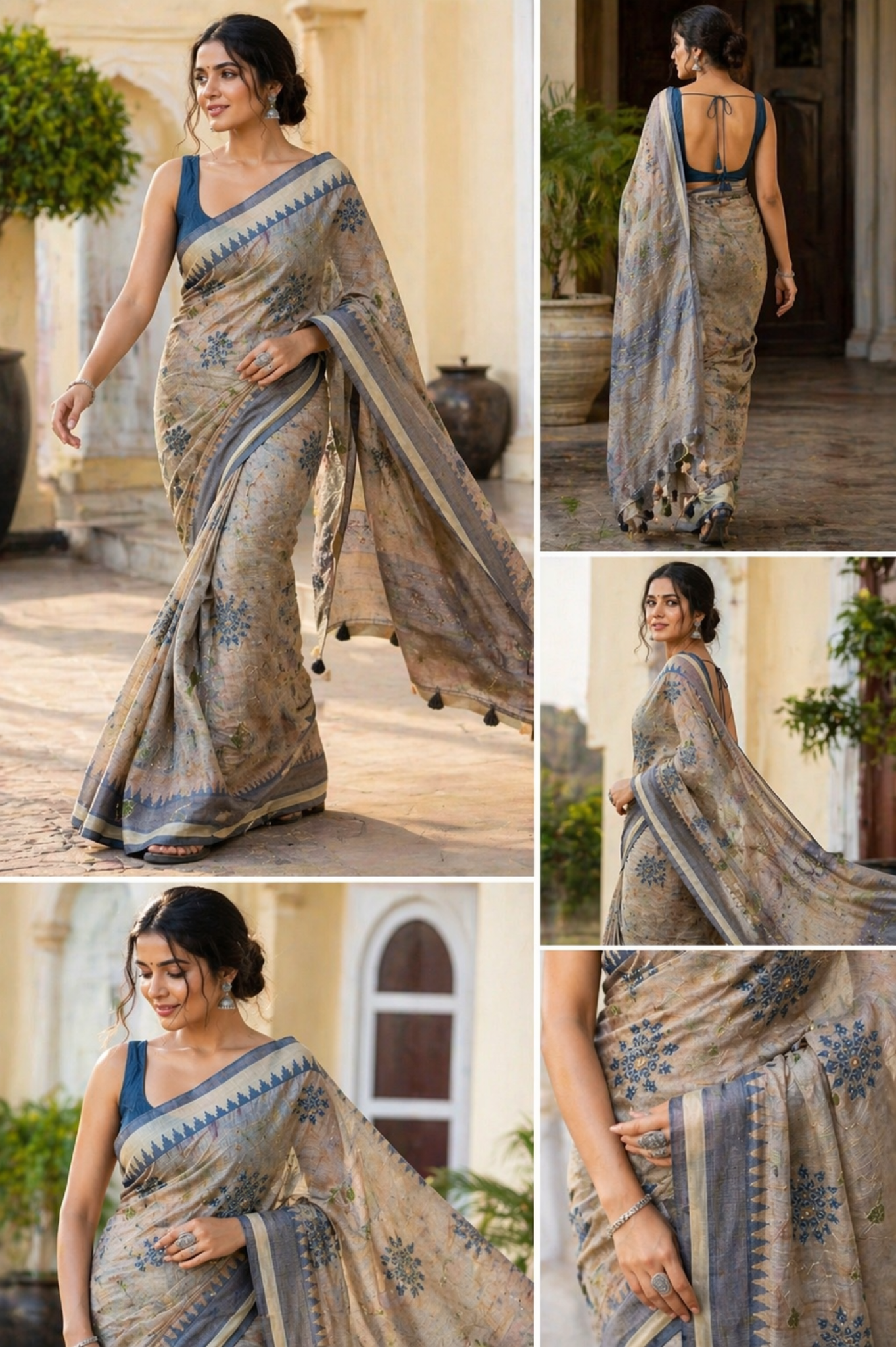 Grey Kantha work Semi Tussar Saree