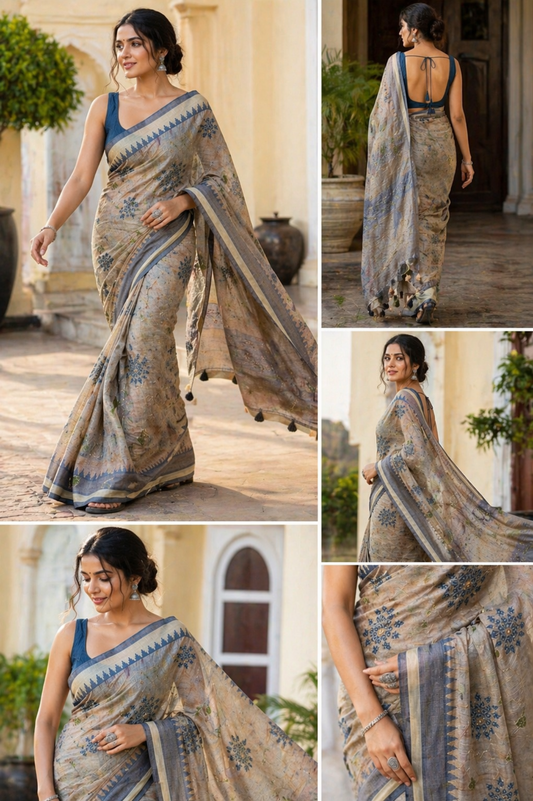Grey Kantha work Semi Tussar Saree