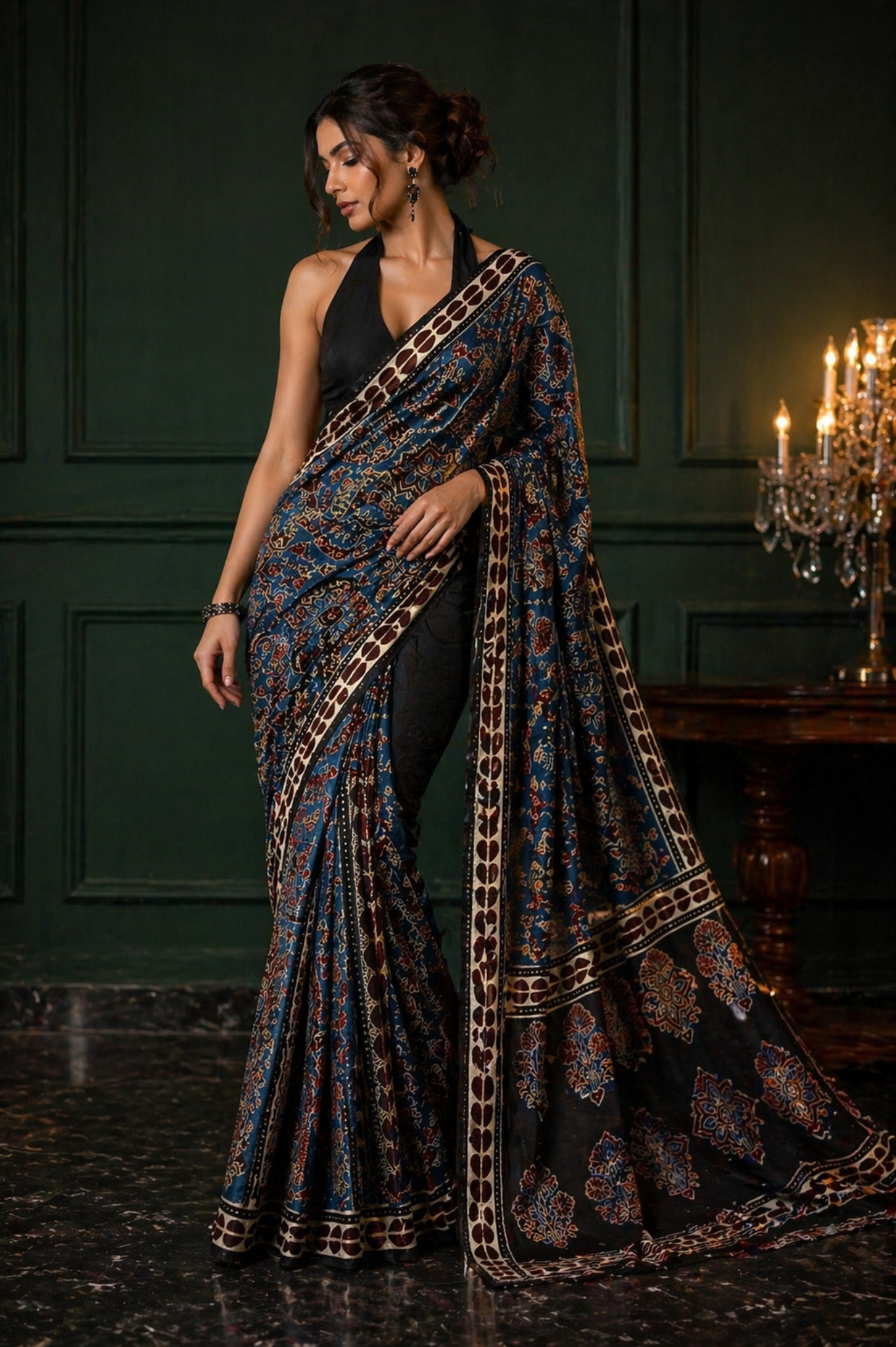 Blue Ajrakh Modal Silk Saree