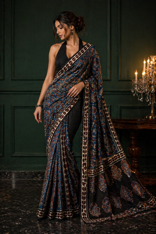 Blue Ajrakh Modal Silk Saree