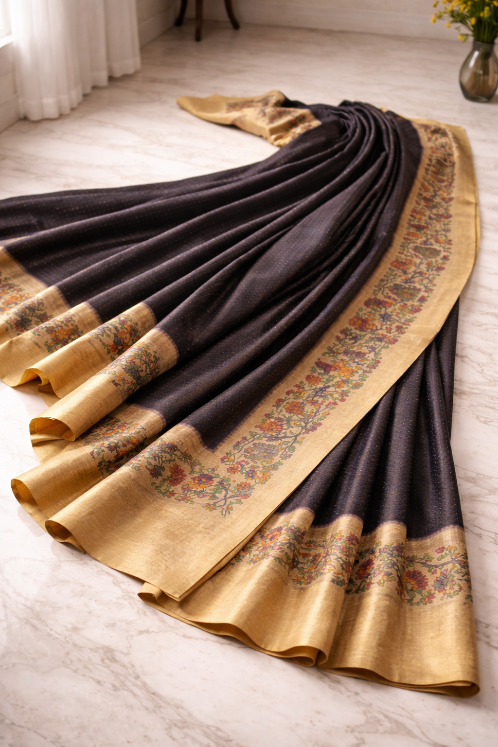 Black Kalamkari Tussar saree - Vaidehi Sutra