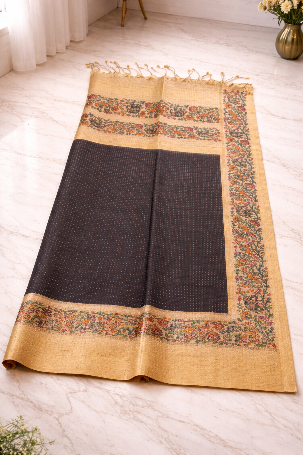 Black Kalamkari Tussar saree - Vaidehi Sutra