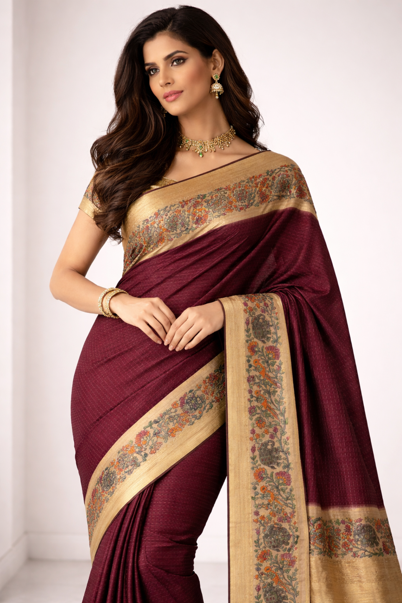 Wine Kalamkari Tussar saree