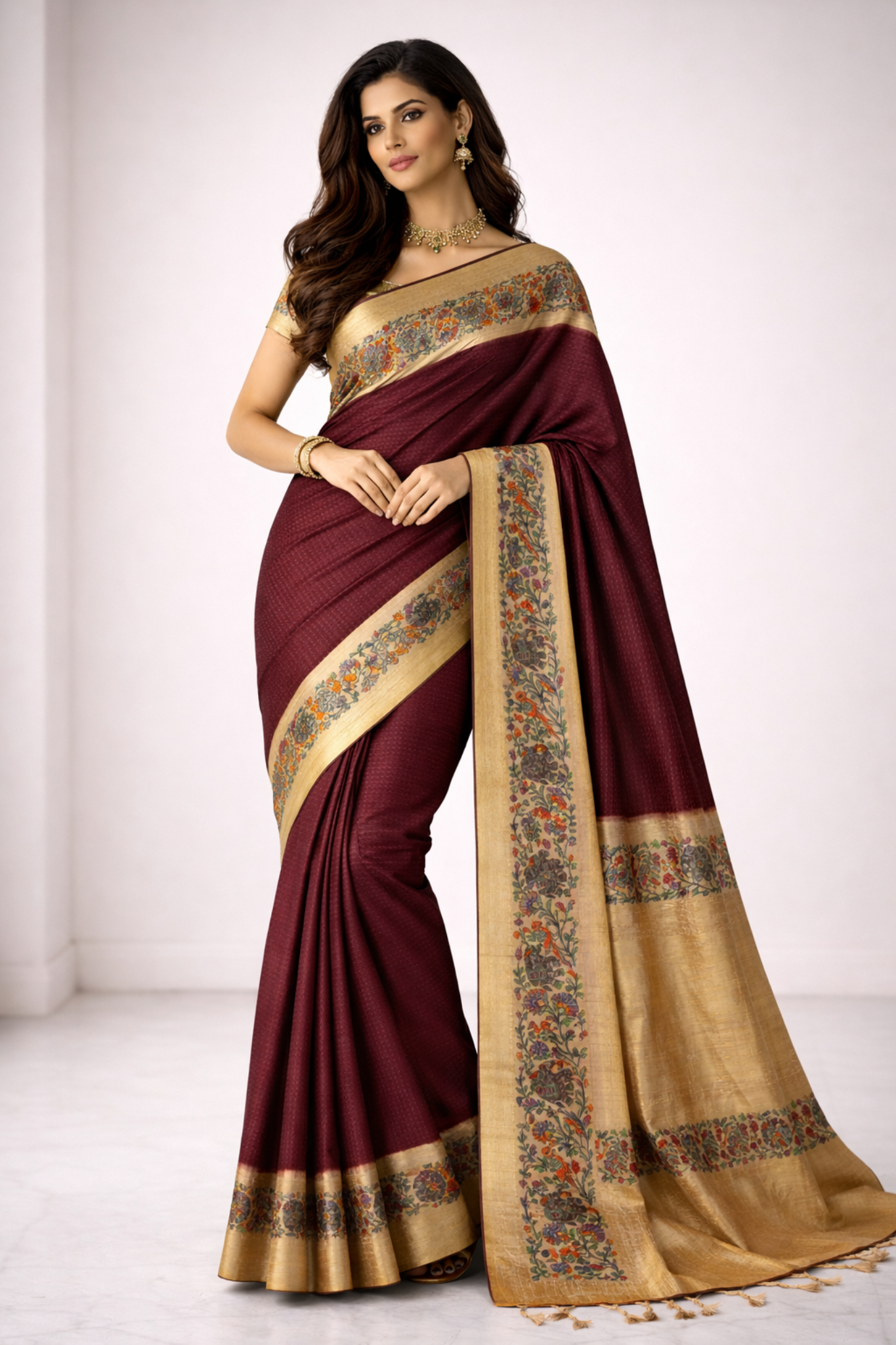 Wine Kalamkari Tussar saree