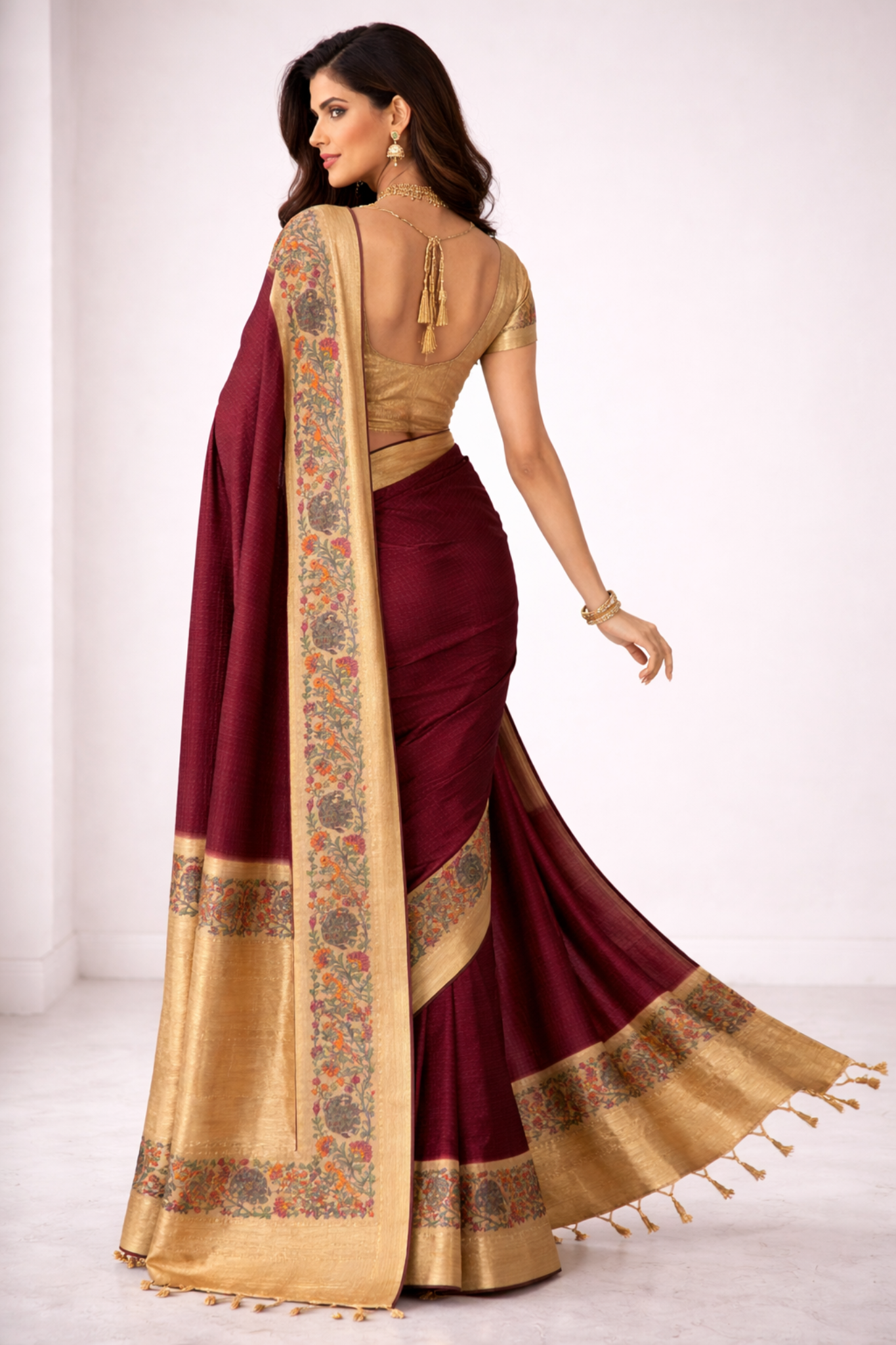 Wine Kalamkari Tussar saree