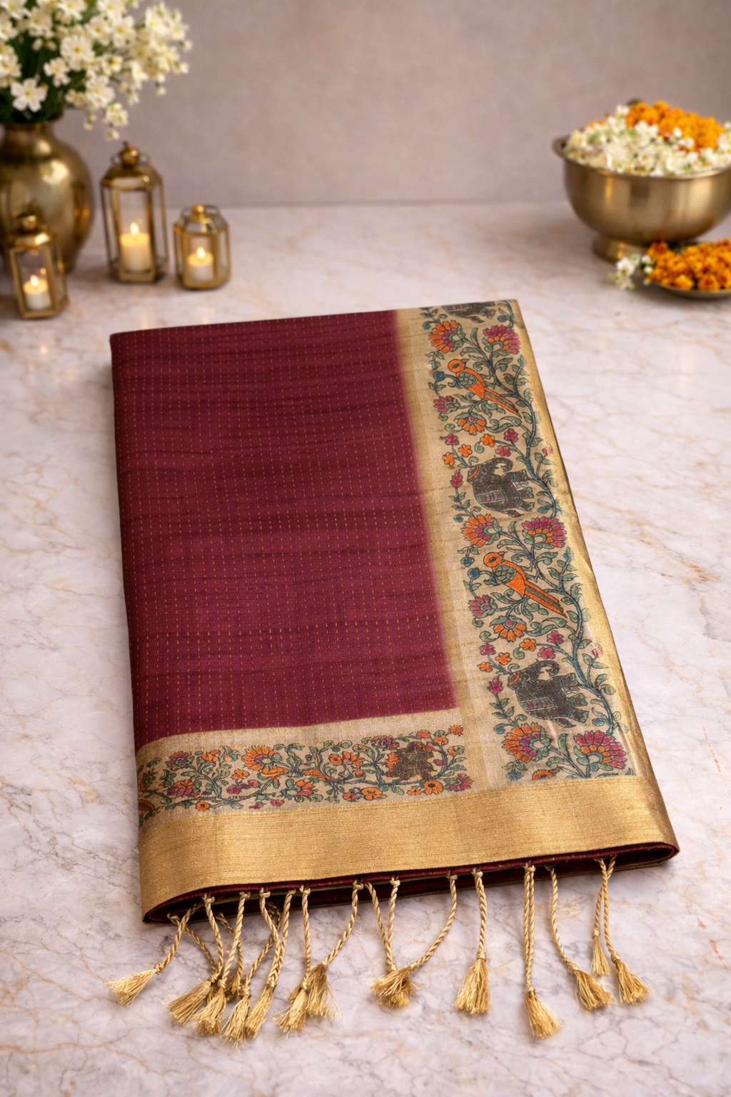 Wine Kalamkari Tussar saree - Vaidehi Sutra
