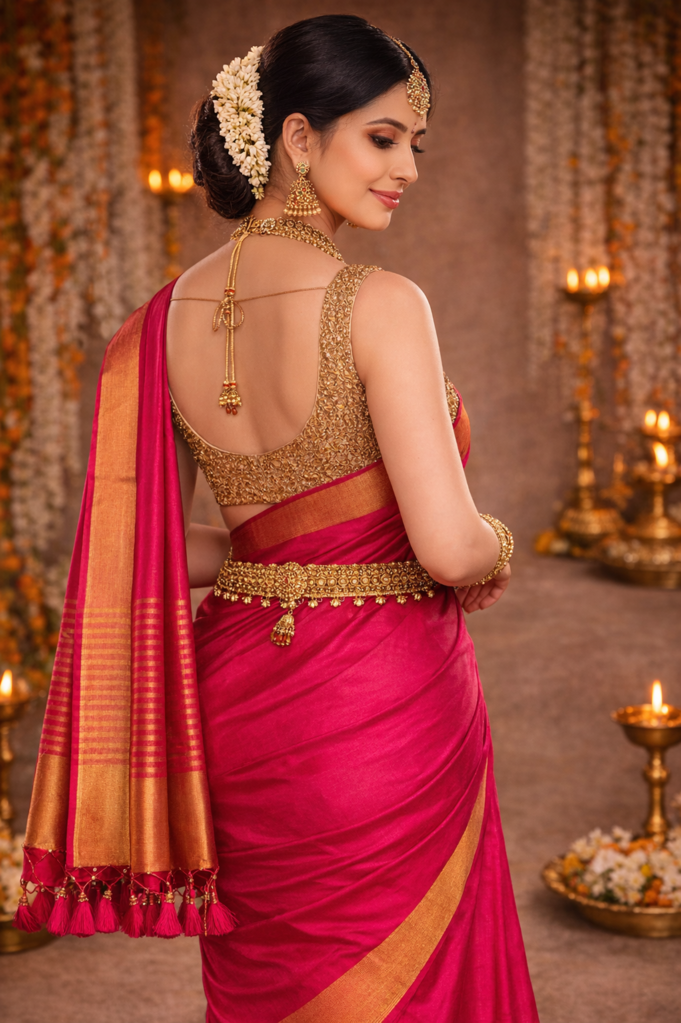 Rani Pink Pure Tussar Silk Saree