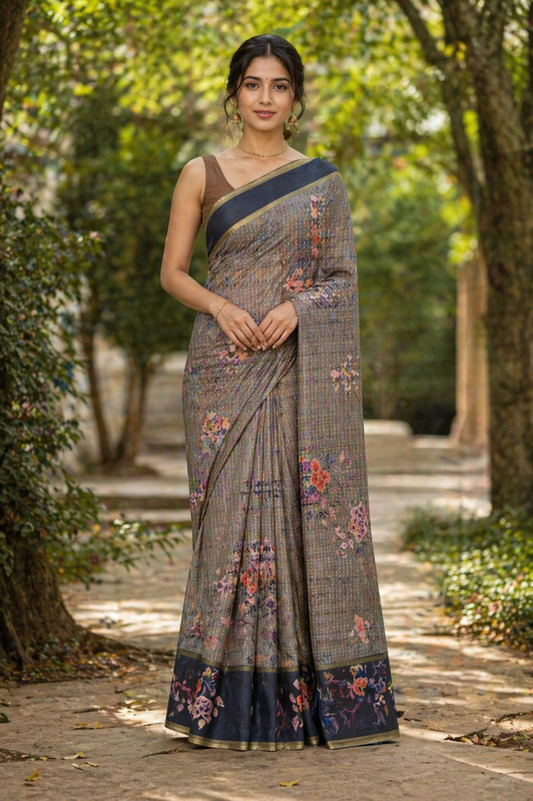 Grey Digital Print Tussar silk saree