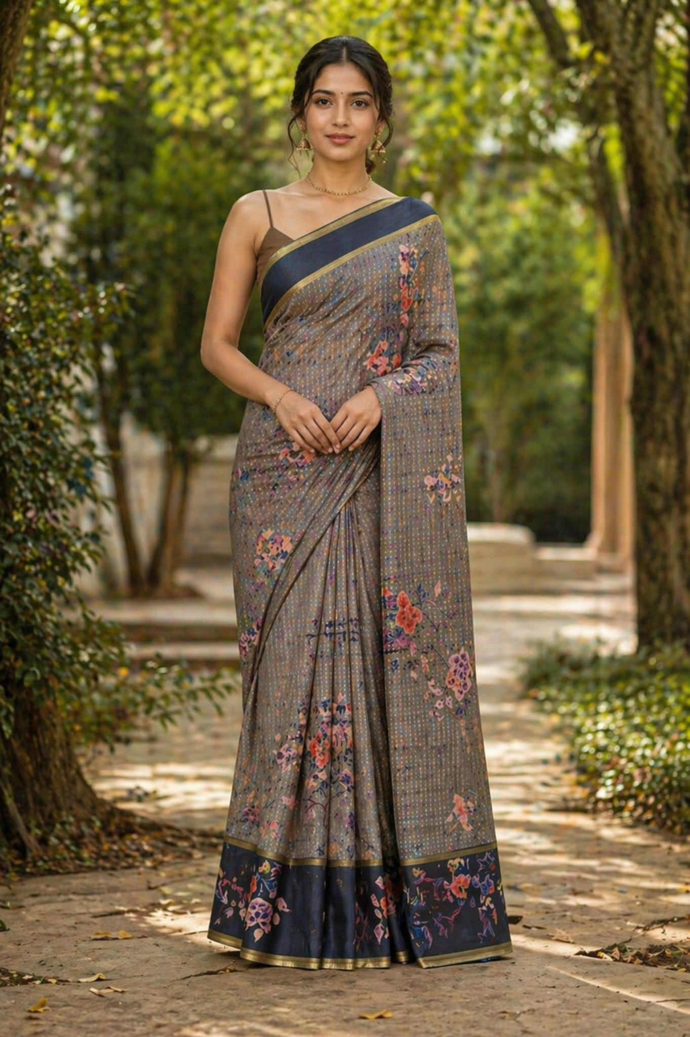 Grey Digital Print Tussar silk saree