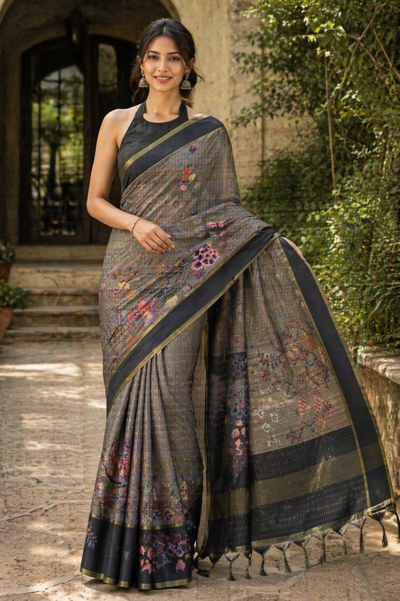Grey Digital Print Tussar silk saree