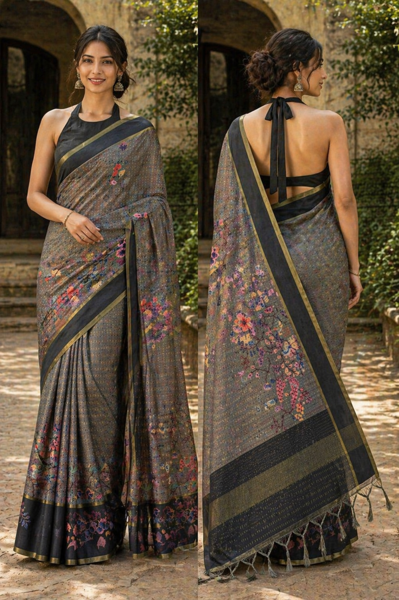 Grey Digital Print Tussar silk saree