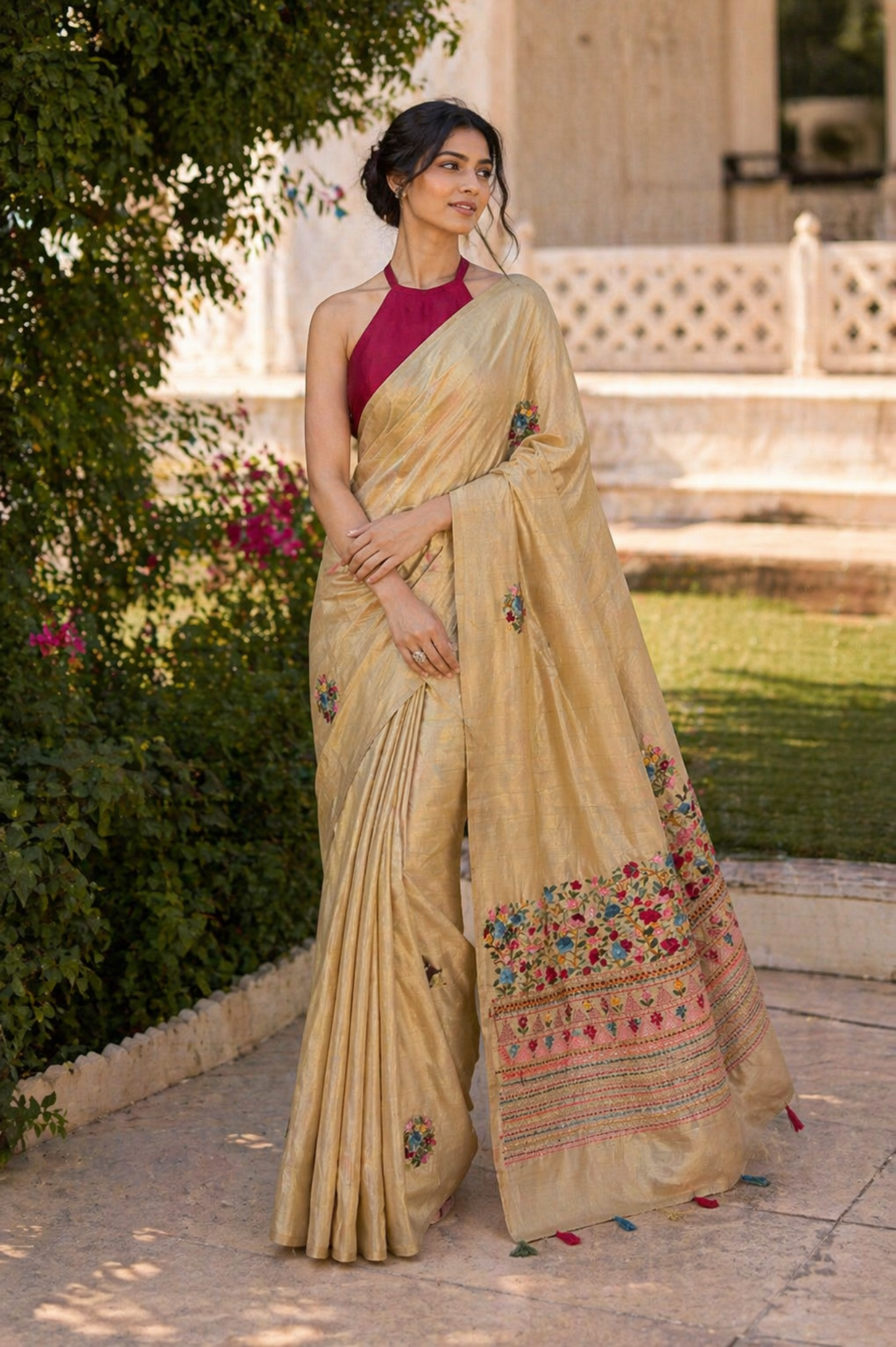 Floral Handwork Semi Tussar Saree