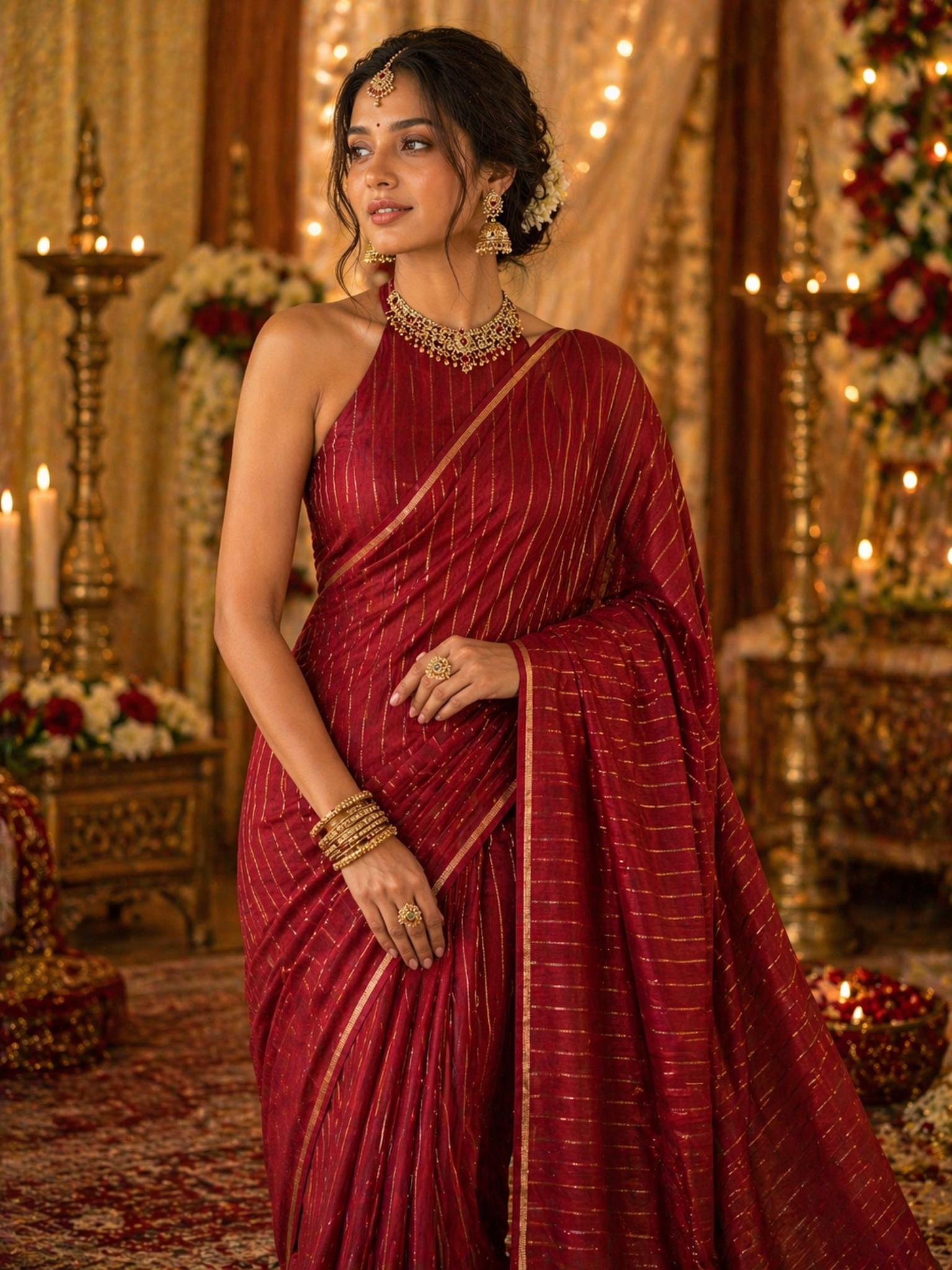Maroon Gold Lines Semi Tussar silk