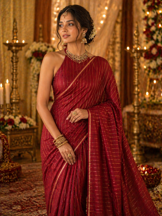 Maroon Gold Lines Semi Tussar silk