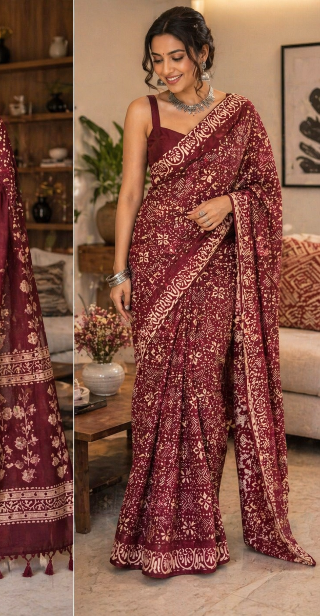 Maroon Ajrakh Mul Cotton Saree