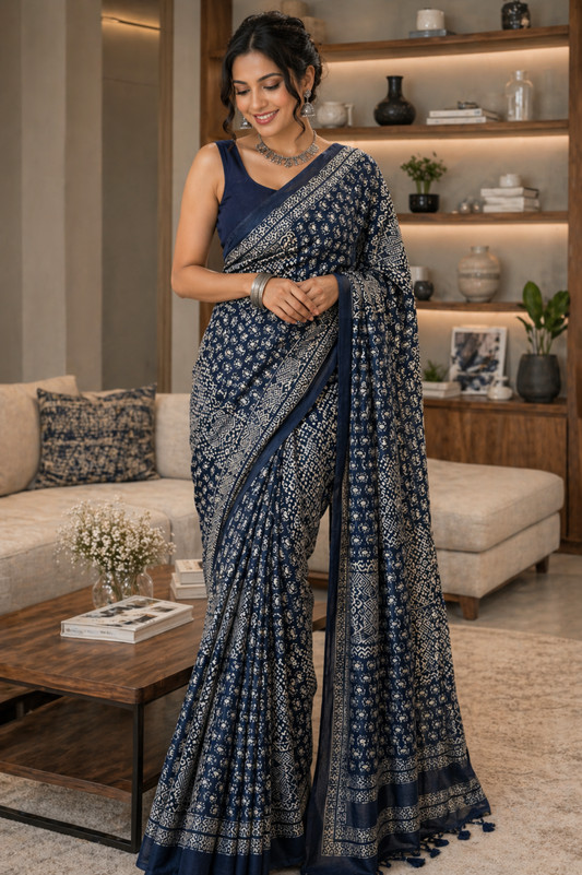 Blue Ajrakh Mul Cotton Saree
