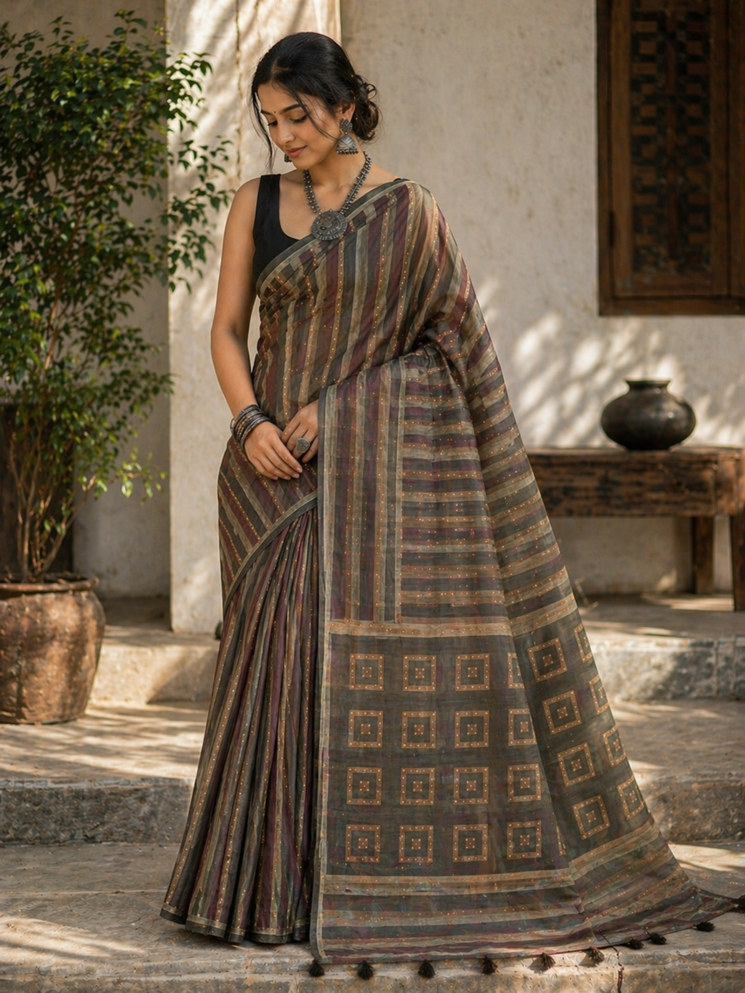 Charcoal Green Notework Saree