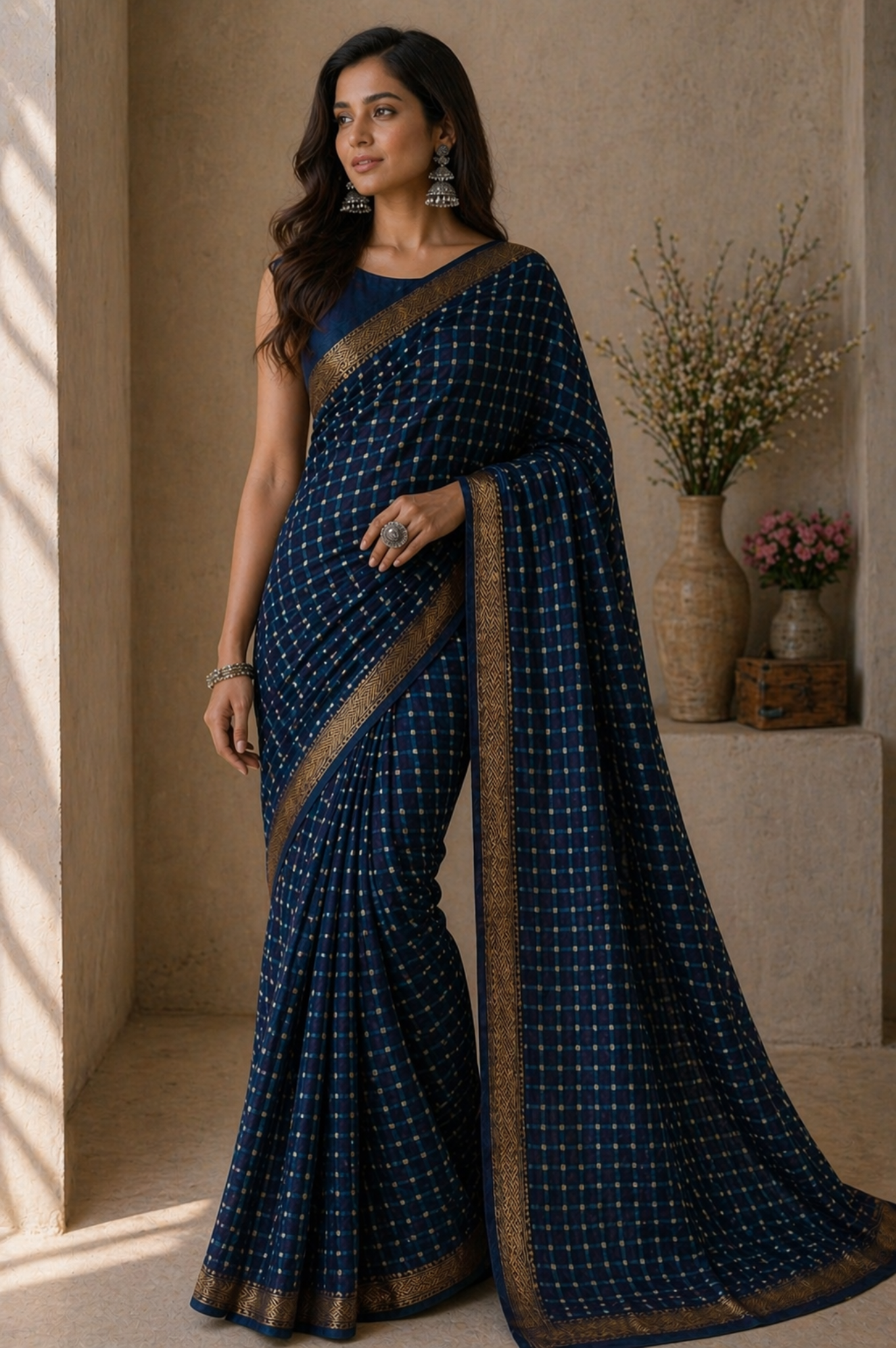 Indigo Checkers Maheshwari Silk