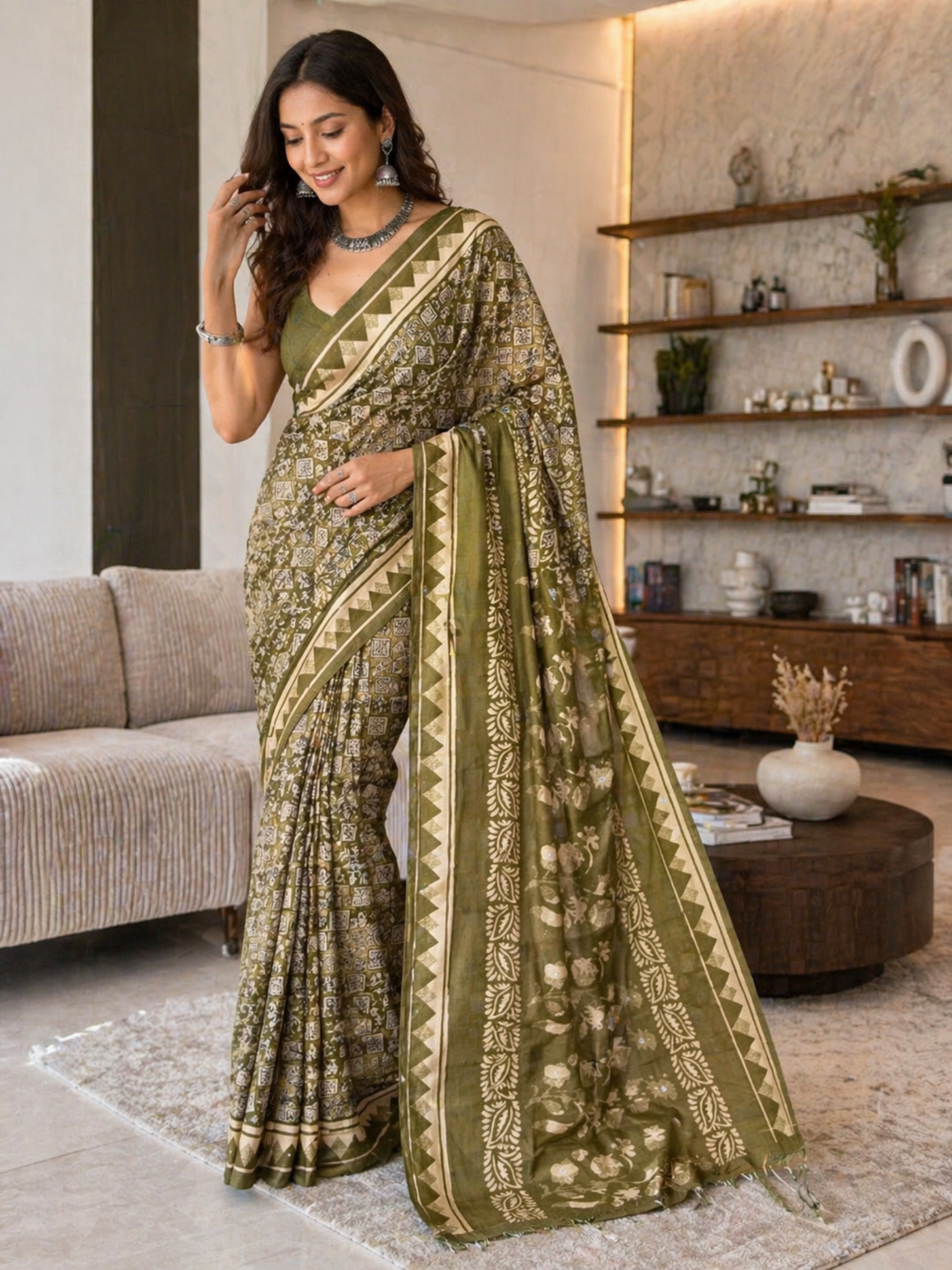 Green Ajrakh Mul Cotton Saree