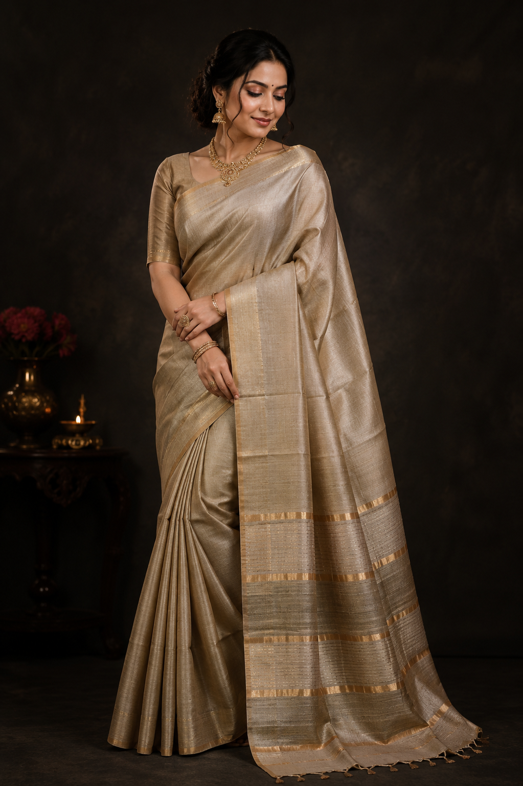 Biege Pure Tussar Silk Saree