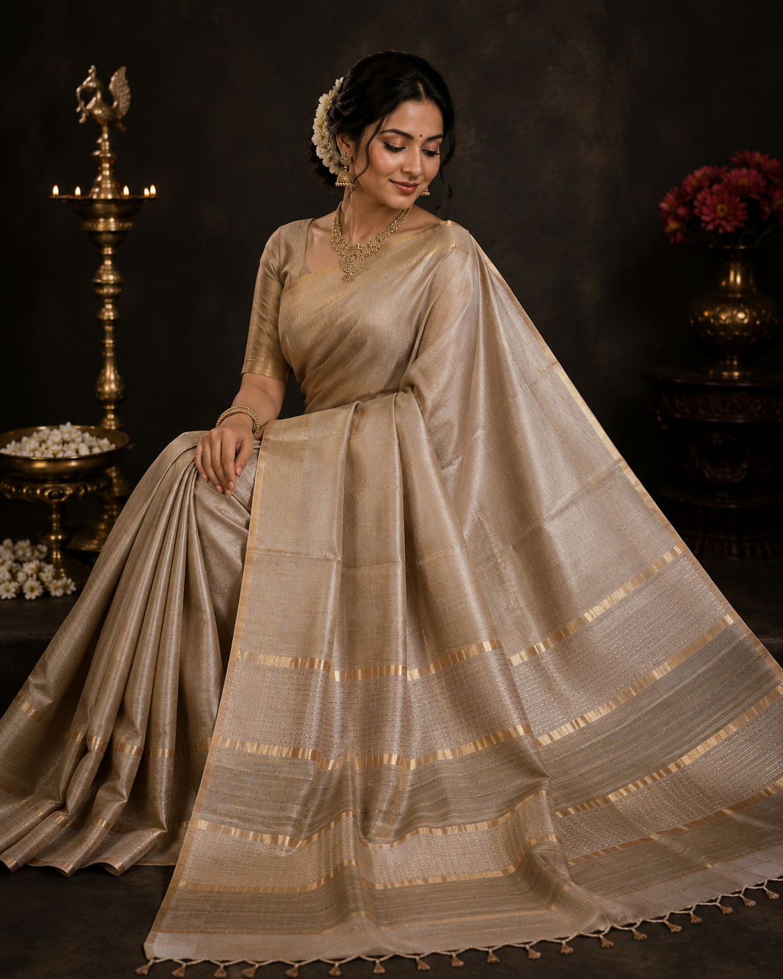 Beige Kataan Silk Saree
