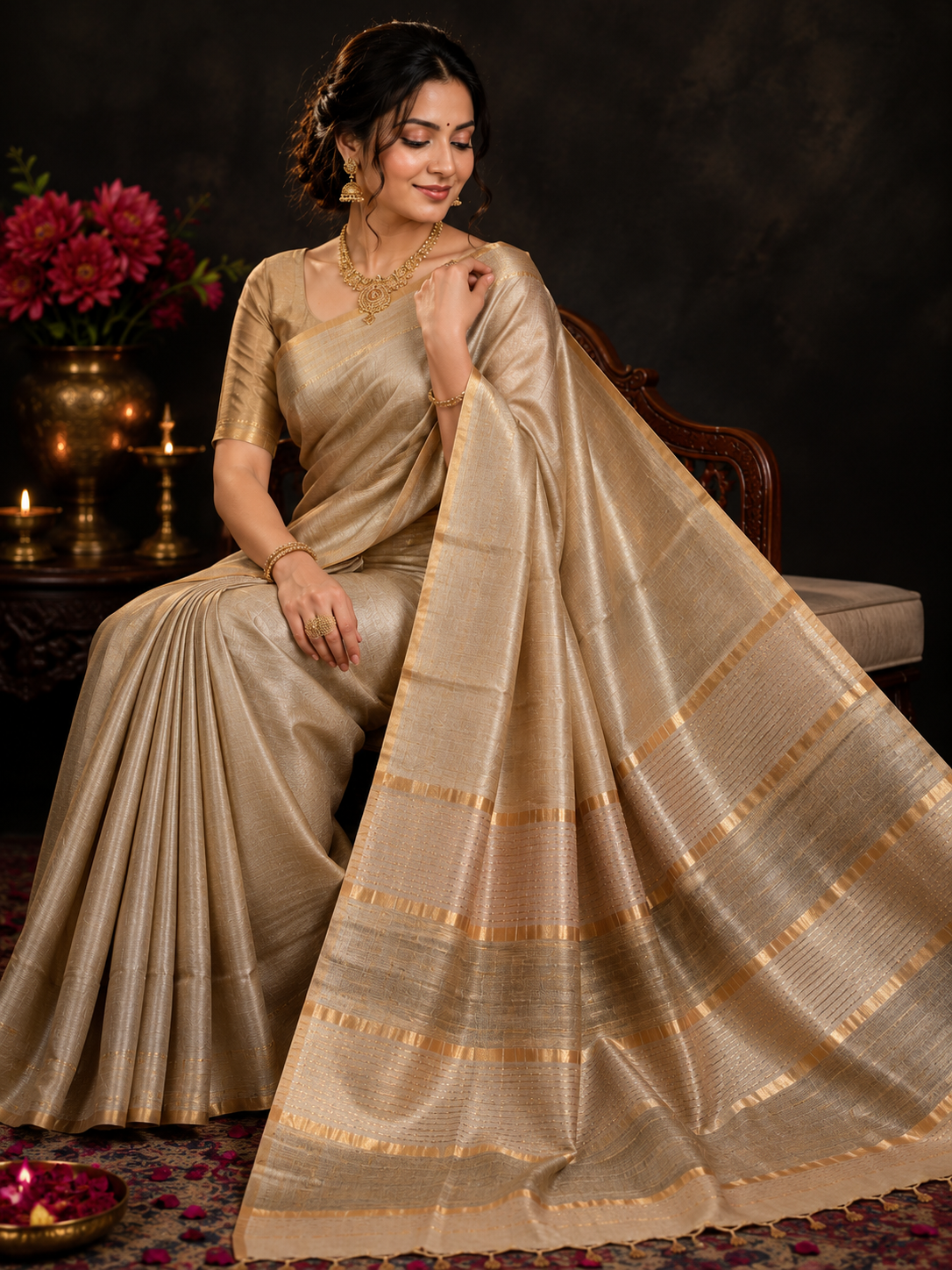 Biege Pure Tussar Silk Saree