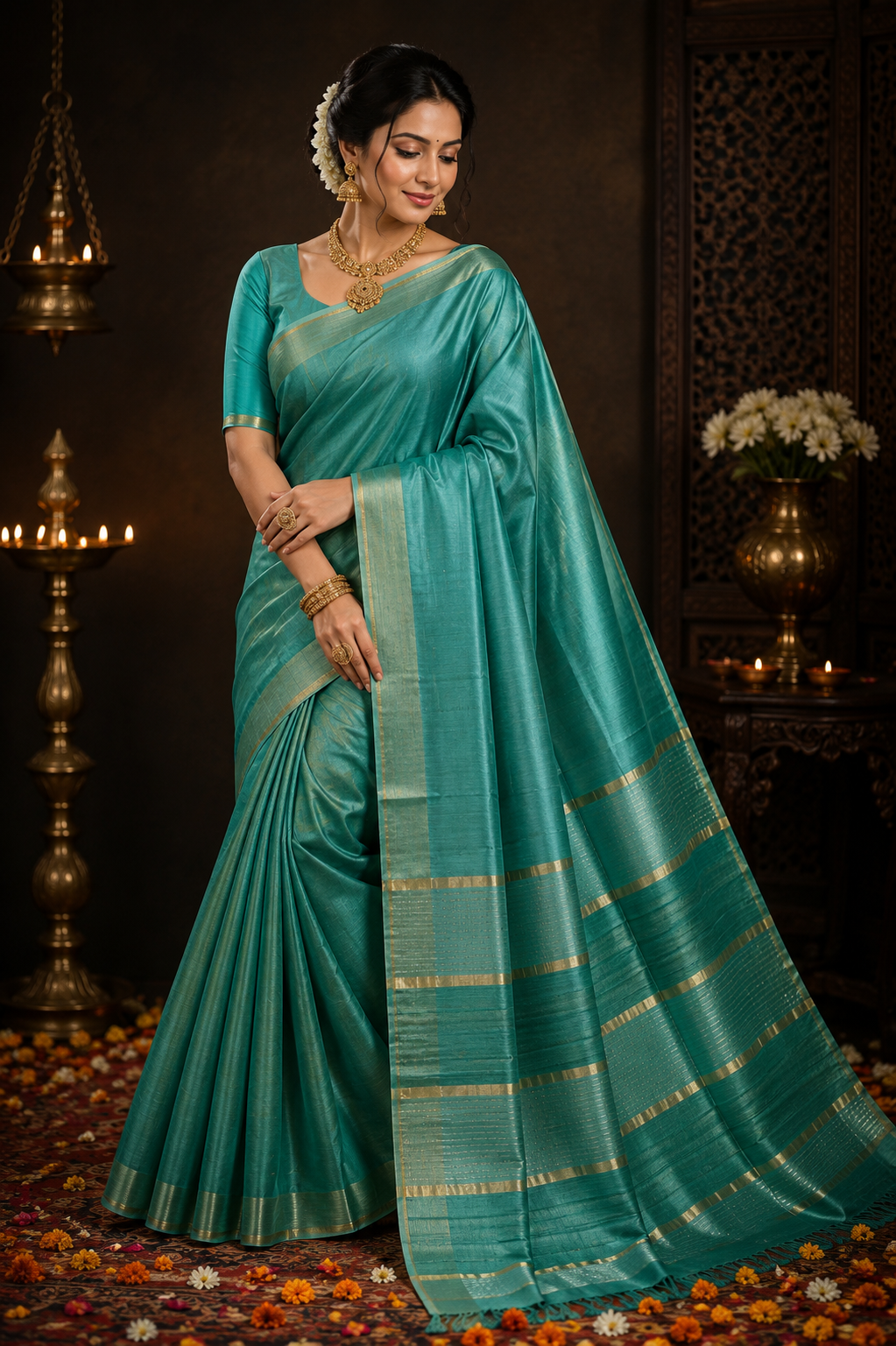 Sea Green Pure Tussar Silk Saree