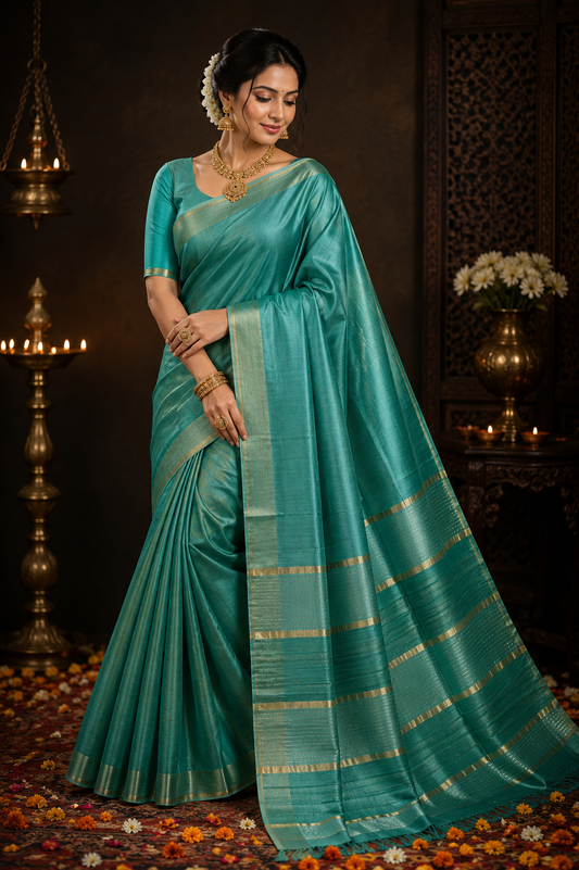 Sea Green Pure Tussar Silk Saree