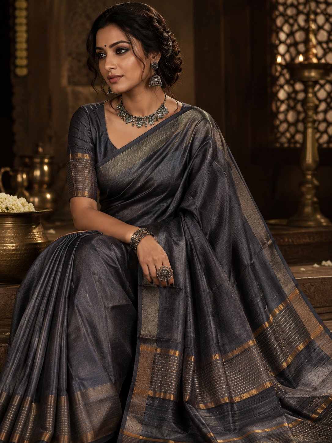 Black Pure Tussar Silk Saree
