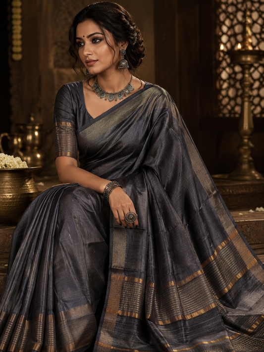 Black Pure Tussar Silk Saree