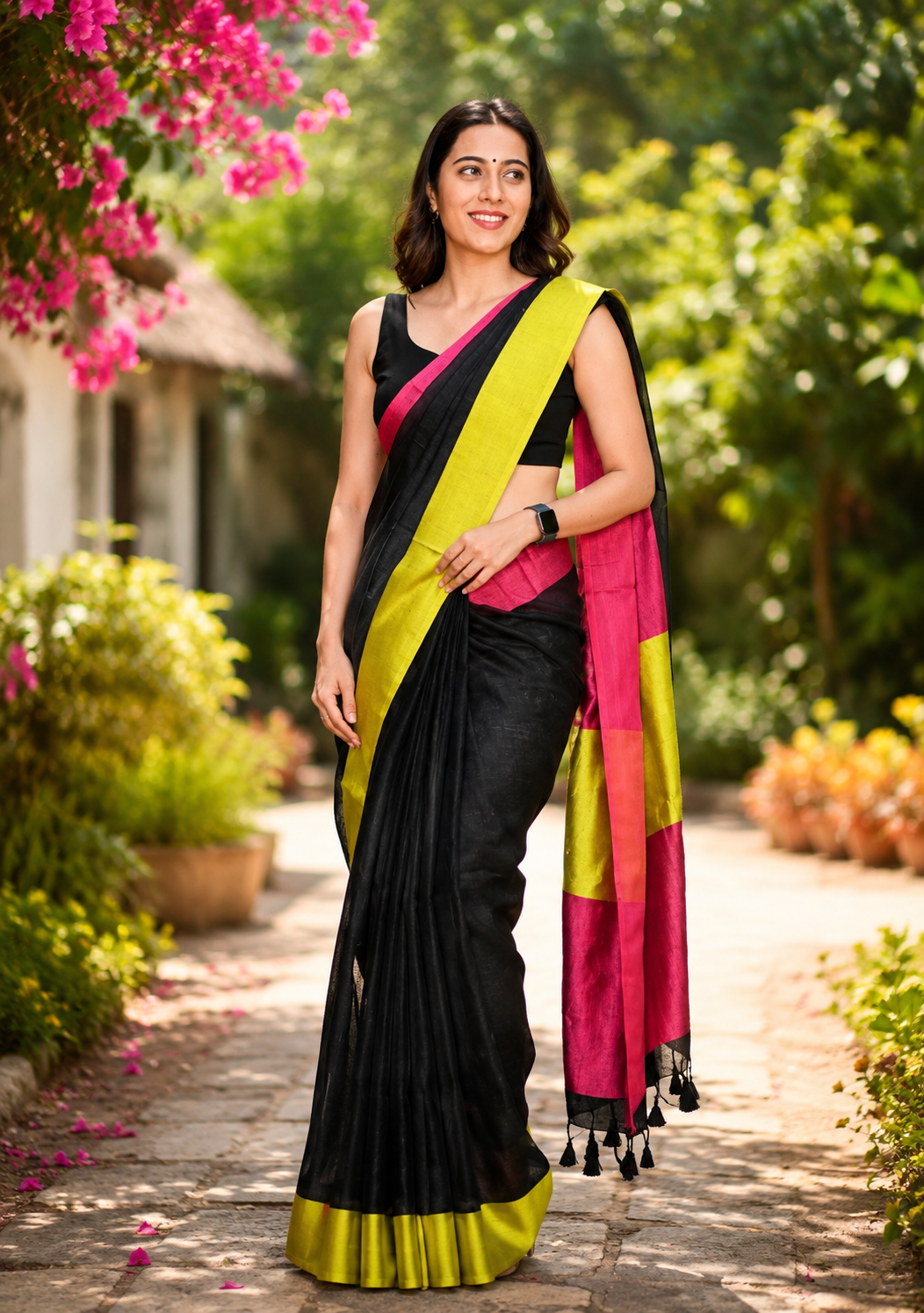 Black & Yellow Yarn Linen Saree - Vaidehi Sutra