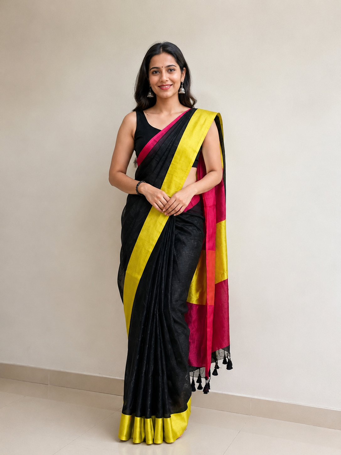 Black & Yellow Yarn Linen Saree - Vaidehi Sutra