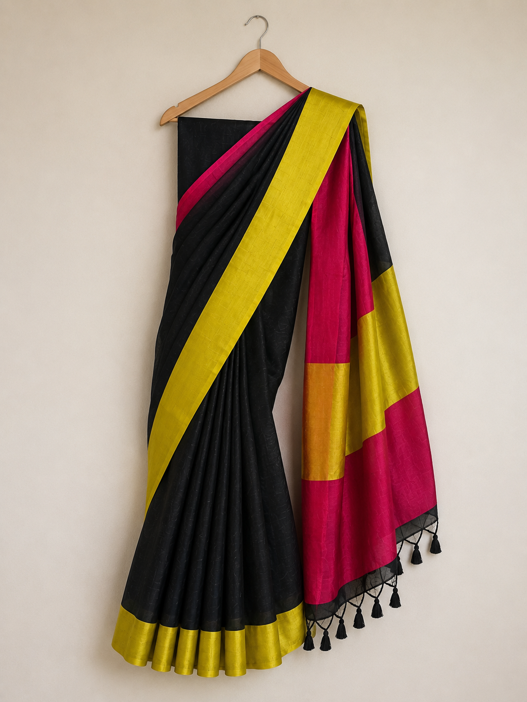 Black & Yellow Yarn Linen Saree - Vaidehi Sutra
