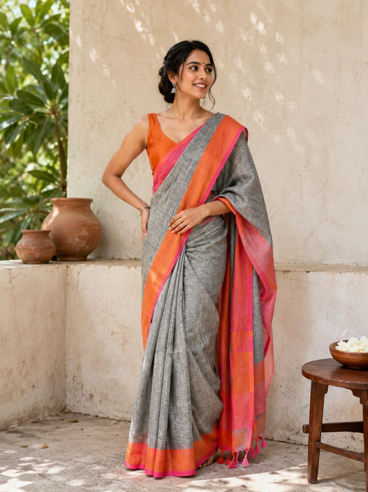 Grey Yarn Linen Saree - Vaidehi Sutra