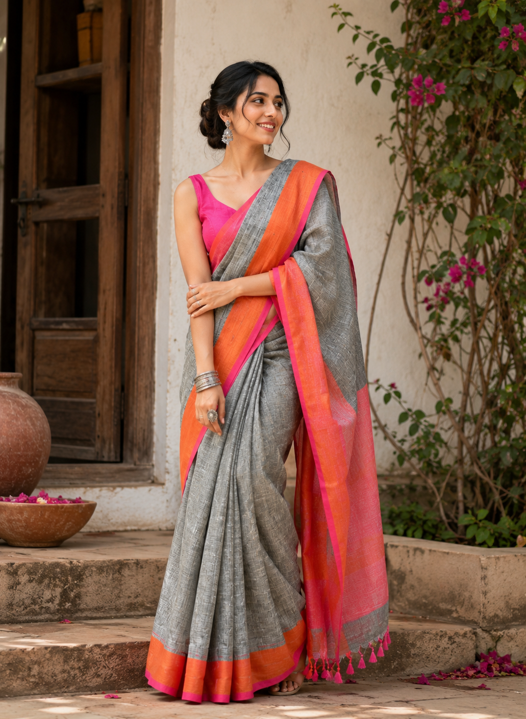Grey Yarn Linen Saree - Vaidehi Sutra