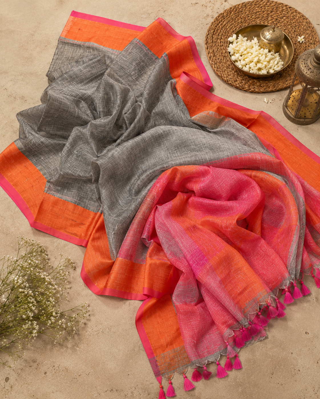 Grey Yarn Linen Saree - Vaidehi Sutra