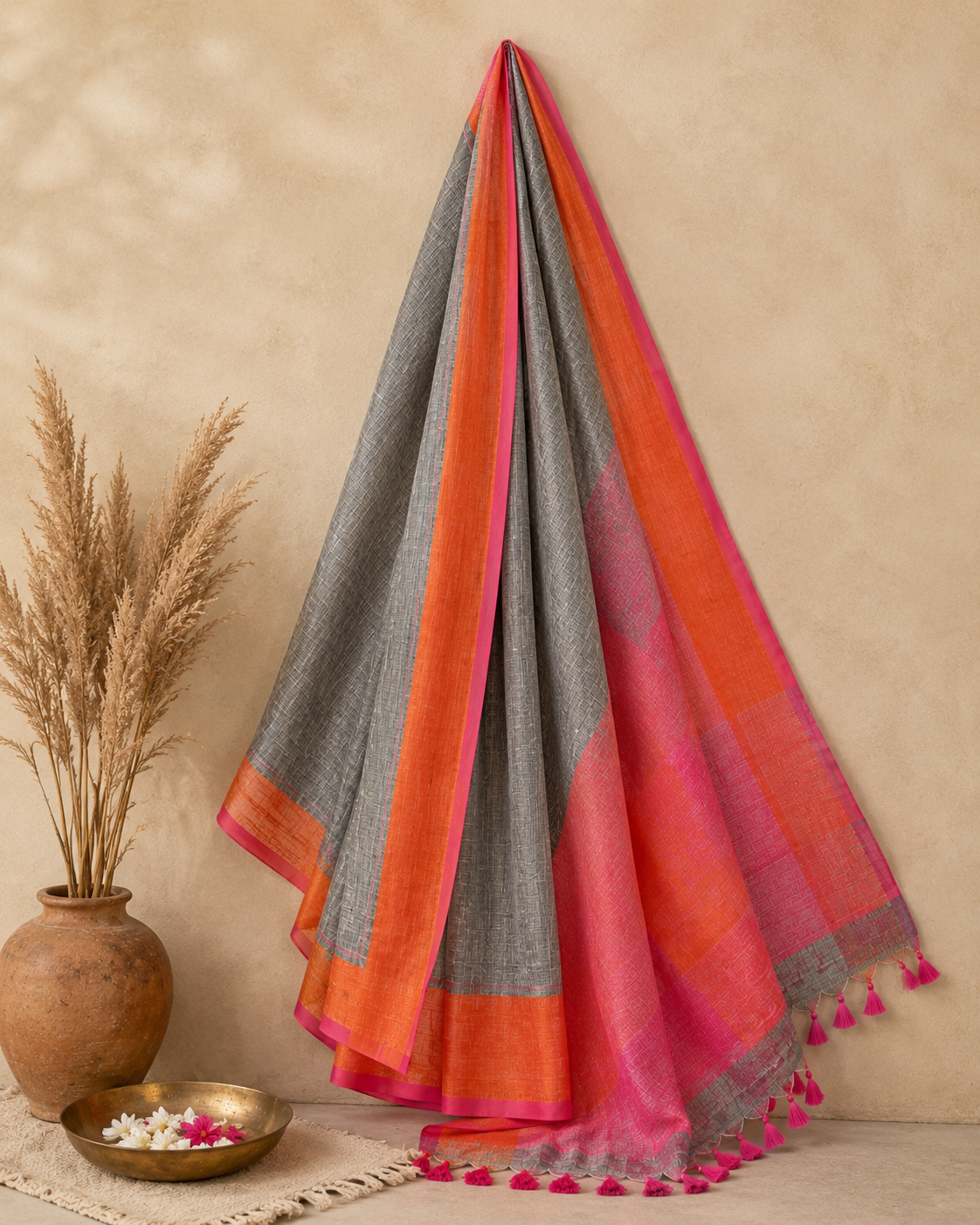 Grey Yarn Linen Saree - Vaidehi Sutra
