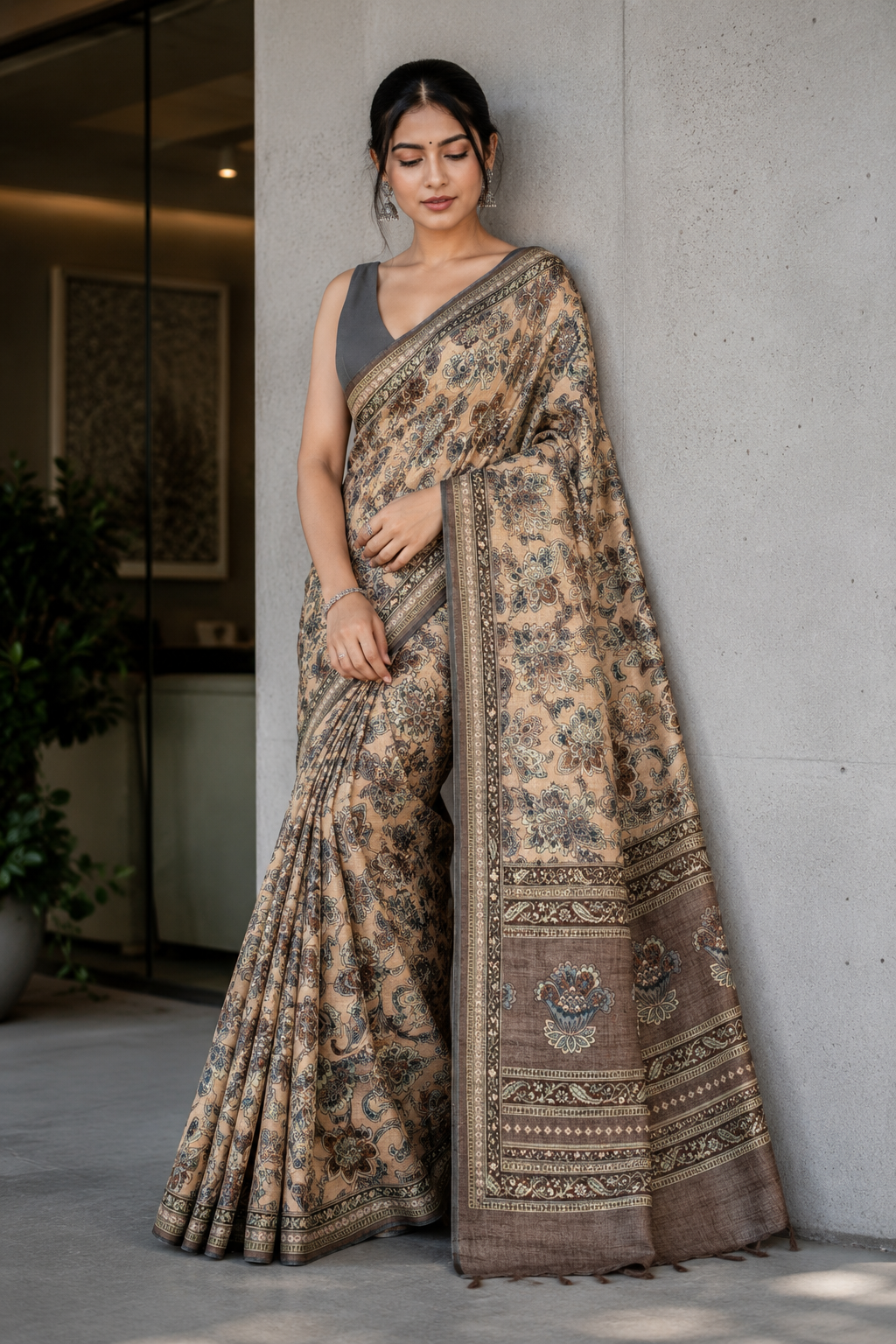 Grey Momga Printed Tussar silk saree - Vaidehi Sutra