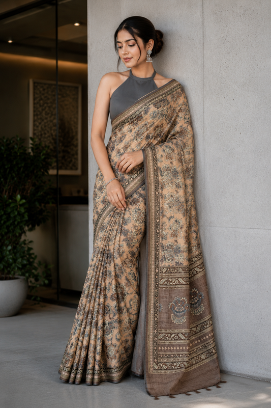 Grey Momga Printed Tussar silk saree - Vaidehi Sutra
