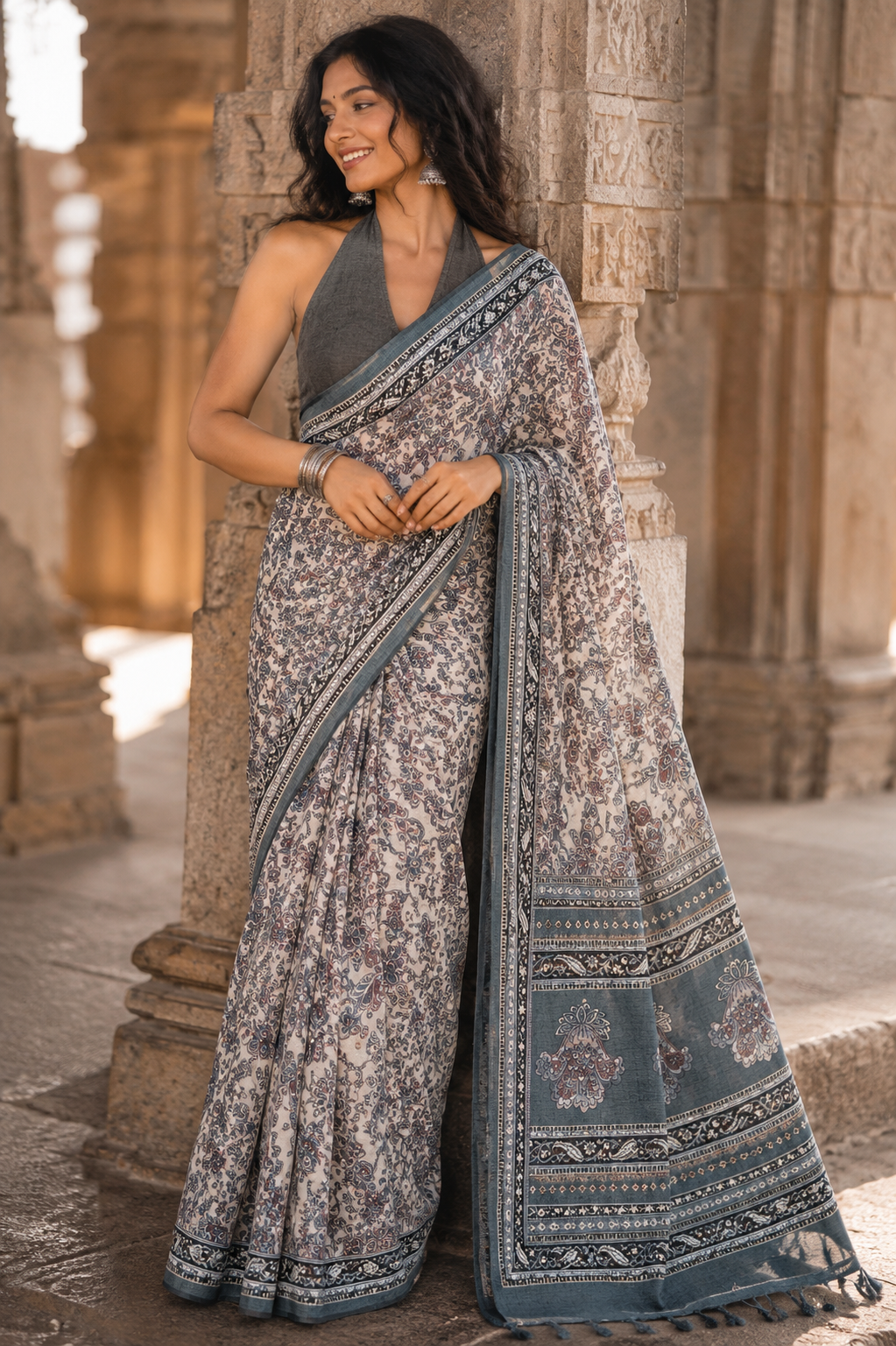 Charcoal Momga Printed Tussar silk saree - Vaidehi Sutra