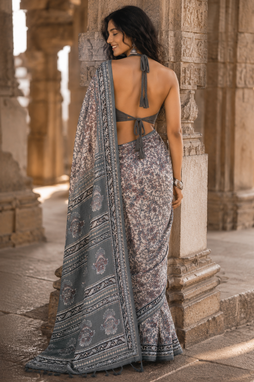 Charcoal Momga Printed Tussar silk saree - Vaidehi Sutra