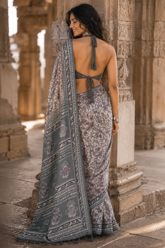 Charcoal Momga Printed Tussar silk saree - Vaidehi Sutra