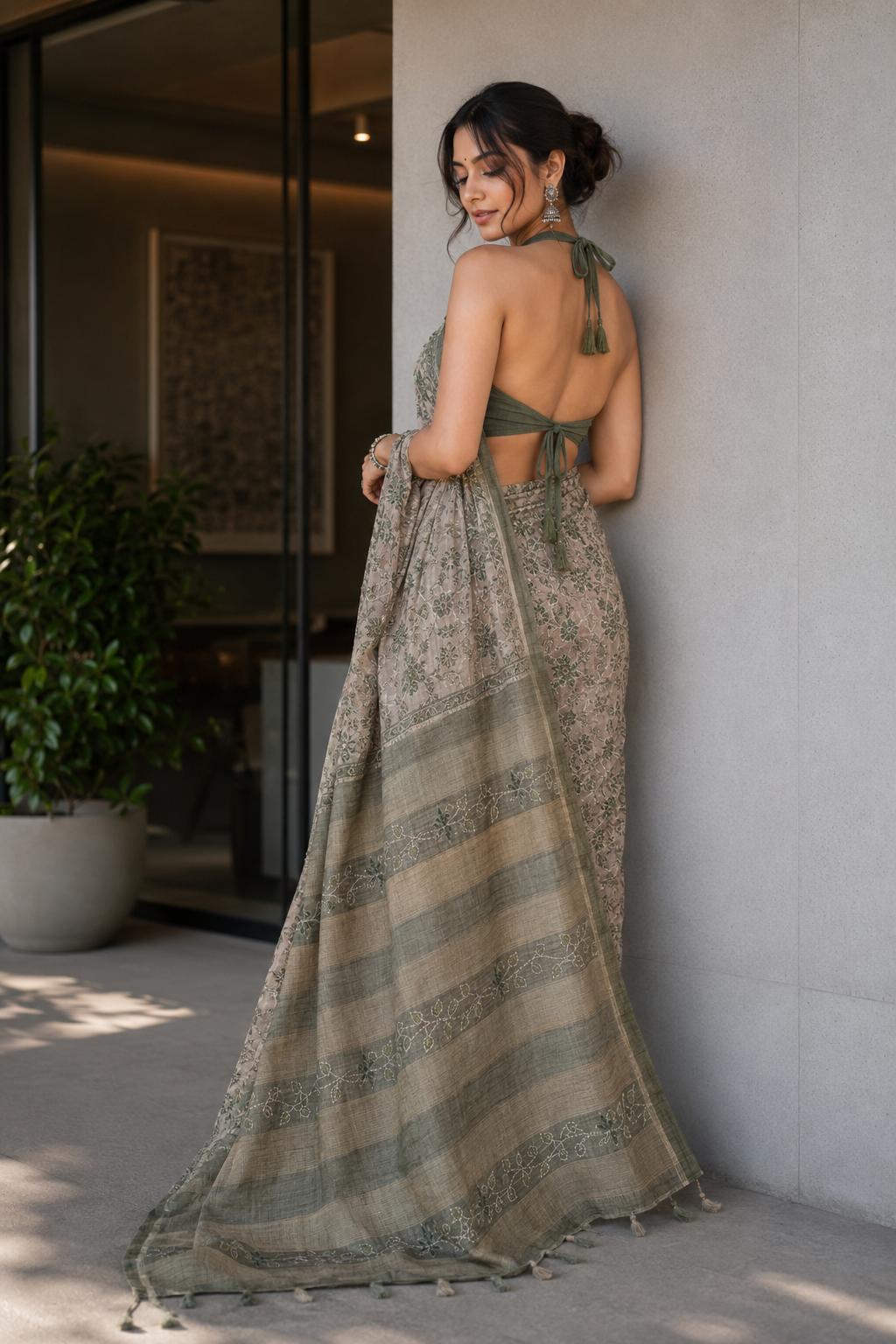 Green Kantha work Semi Tussar Saree - Vaidehi Sutra