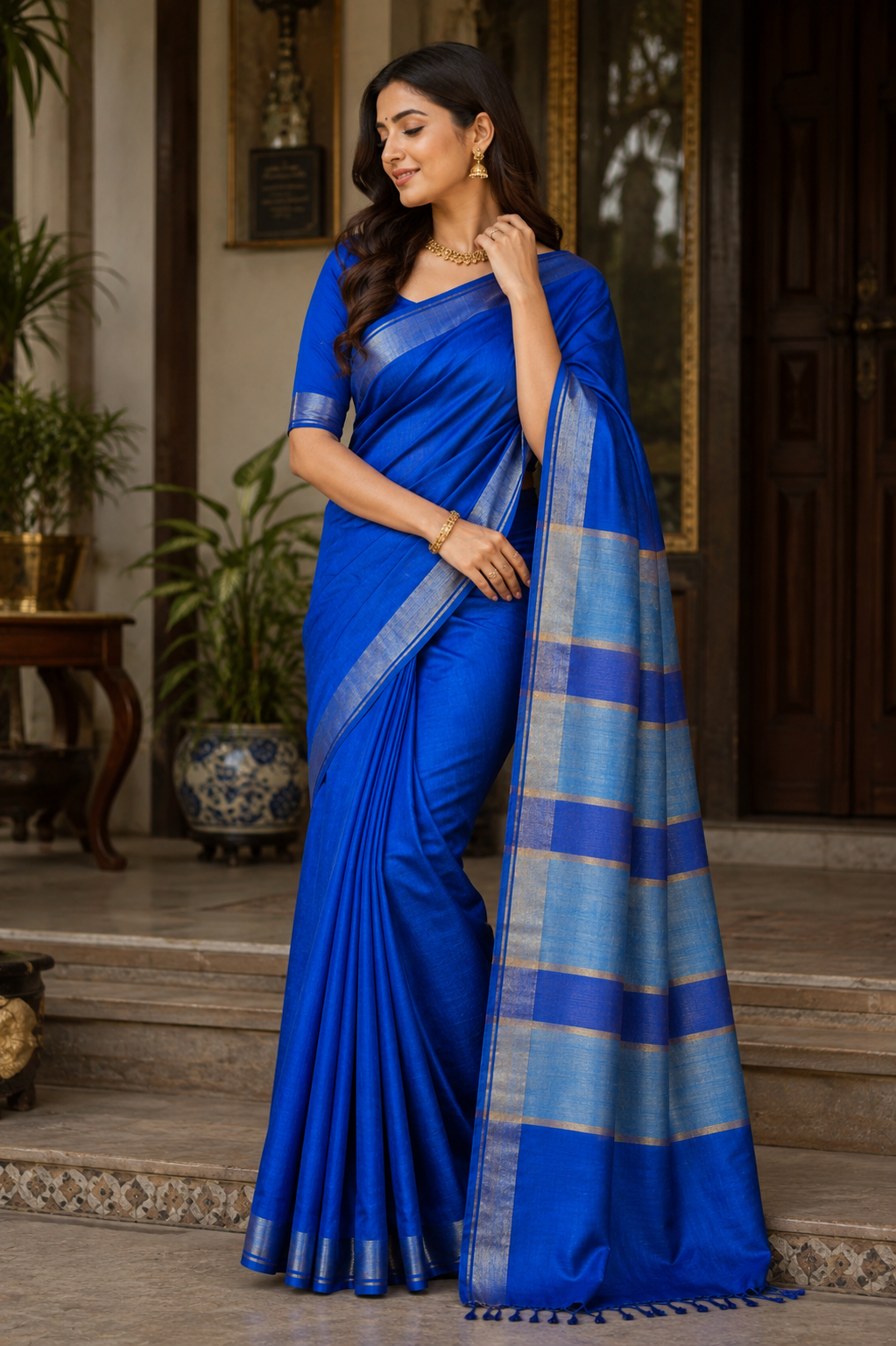 Blue Kataan Silk Saree - Vaidehi Sutra
