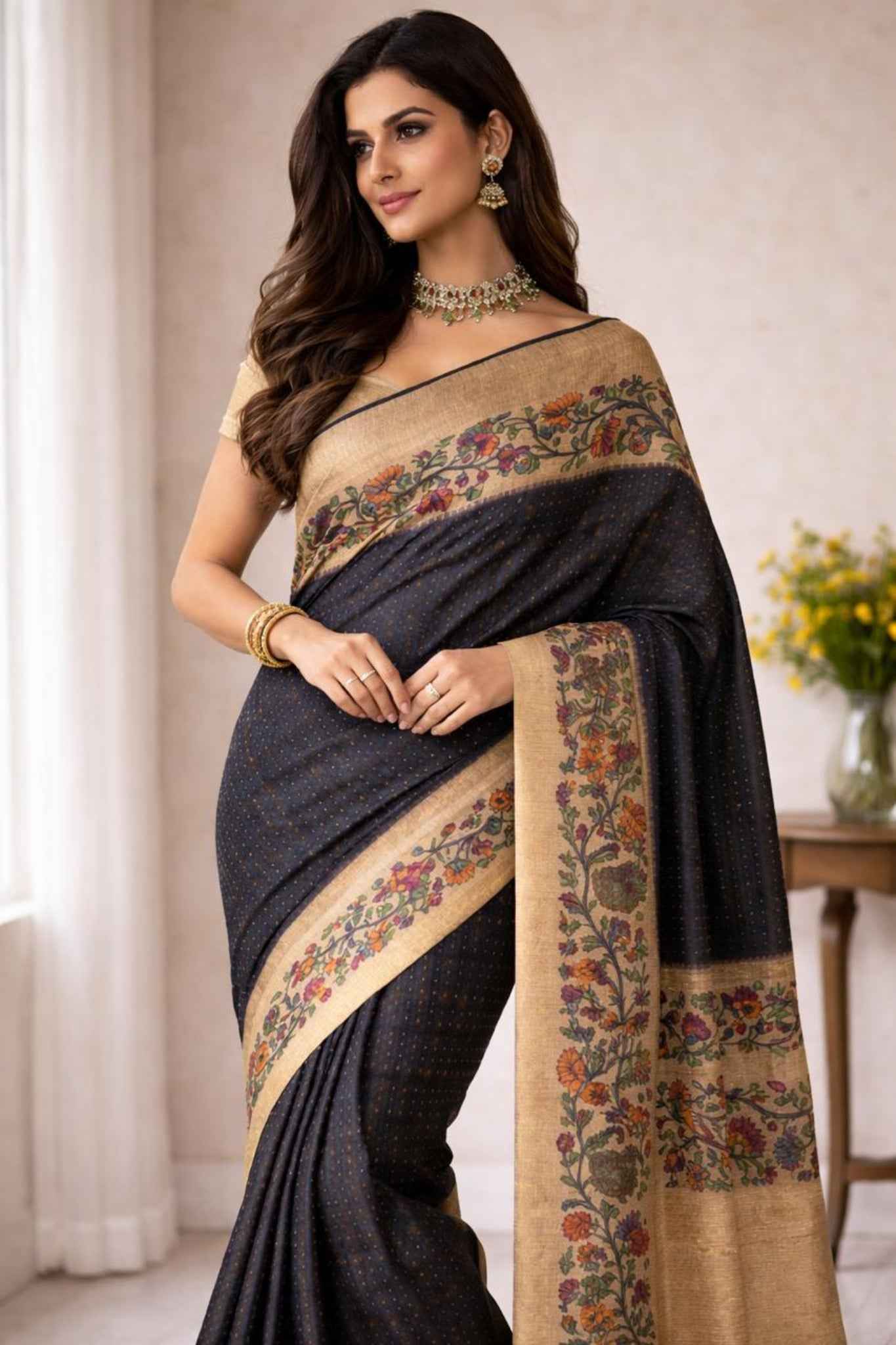 Black Kalamkari Tussar saree